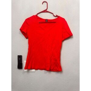 Shein Red Ribbed V Neck‎ Short Sleeve T-Shirt Top Womens XL